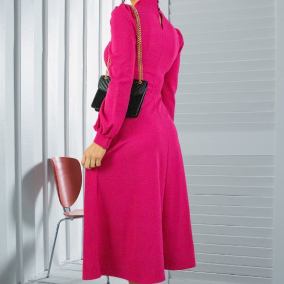 PINK TURTLE NECK KEYHOLE LONG SLEEVE SKATER MIDI DRESS - Picture 2 of 4